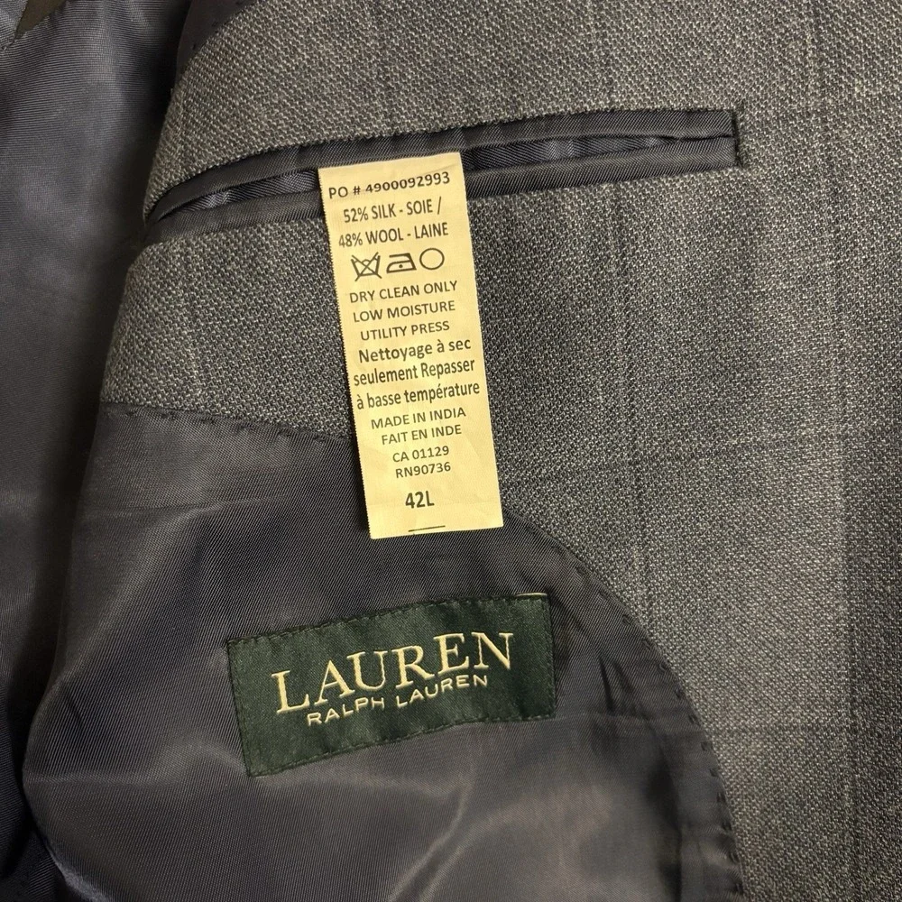 Lauren‎ Ralph Lauren Men's Sport Coat Blazer 42L Blue Windowpane Plaid Silk Wool